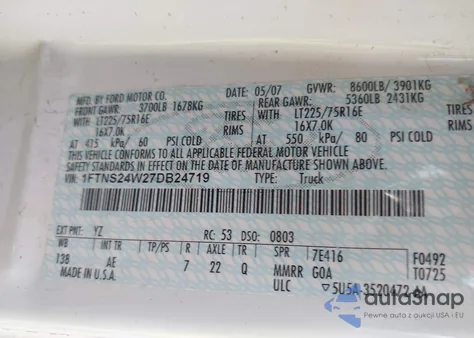 2007 Ford E-250 from USA, damaged, VIN 1FTNS24W27DB24719